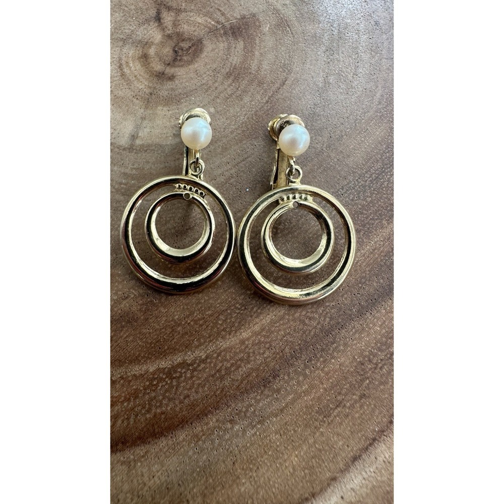 Vintage Gold Tone Faux Pearl Hoop Drop Clip On Earrings - 1"- Statement Set